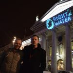 Brendan Ogle with Podge O Rourke at GPO during Right2Water Campaign with the Right2Water logo projected onto the building behind them